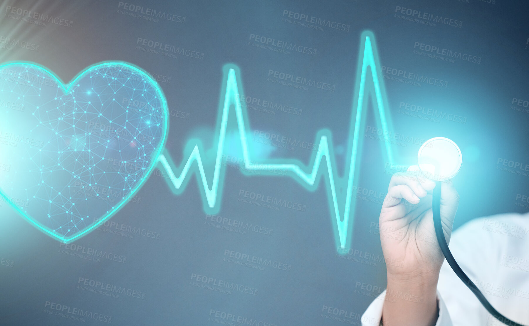 Buy stock photo Doctor, hands and 3d heart hologram for cardiology, BPM or monitoring against a studio background. Hand of person, medical or healthcare professional with stethoscope for digital beats or medicare