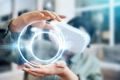 Buy stock photo Virtual reality, woman in headset and hologram in office for design, future technology and digital data. Research, web innovation and mockup, software programmer or developer working with vr glasses.