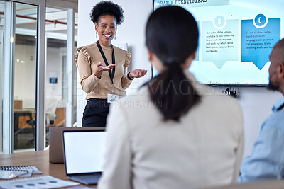 Buy stock photo Presentation, meeting and businesswoman speaking to colleagues in the office conference room. Discussion, presenting and professional female manager doing a team building workshop in the workplace.