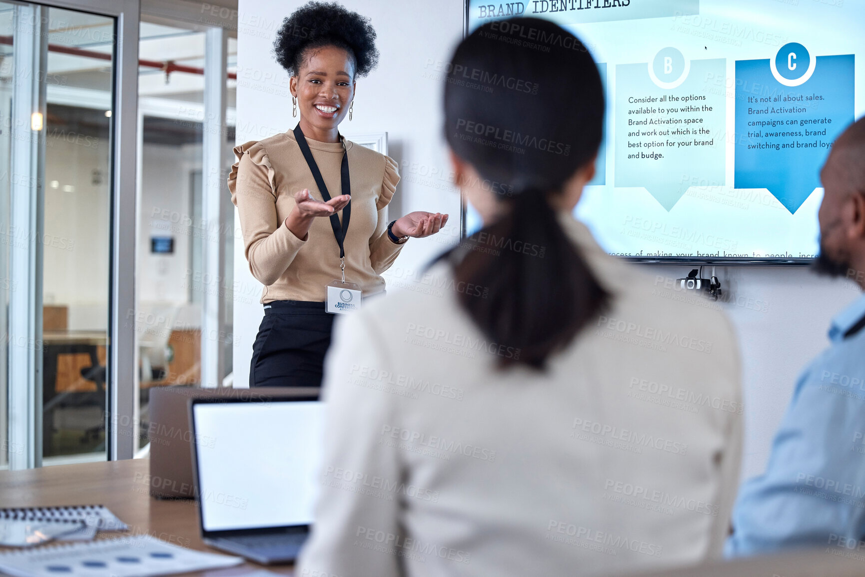 Buy stock photo Presentation, meeting and businesswoman speaking to colleagues in the office conference room. Discussion, presenting and professional female manager doing a team building workshop in the workplace.