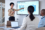 Presentation, teamwork and businesswoman talking to colleagues in the office conference room. Discussion, meeting and professional female manager doing a corporate team building workshop in workplace