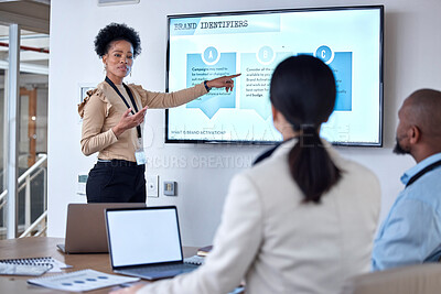 Buy stock photo Presentation, teamwork and businesswoman talking to colleagues in the office conference room. Discussion, meeting and professional female manager doing a corporate team building workshop in workplace