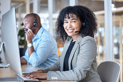 Buy stock photo Call center, woman and portrait of consultant at computer for customer service, business support or help in CRM office. Happy telemarketing agent at desktop for telecom consulting in coworking agency