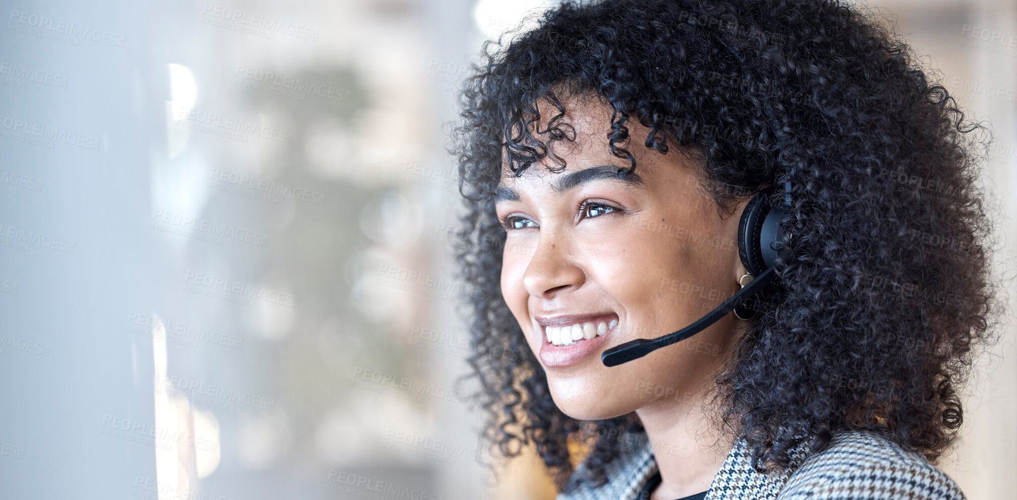 Buy stock photo Call center, smile and woman in office consulting in crm, telemarketing or customer service. Happy, face and lady consultant working in contact us, online support or help, advice or virtual assistant