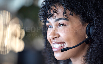 Buy stock photo Smile, call center and woman in office consulting in crm, telemarketing or customer service. Happy, face and lady consultant working in contact us, online support or help, advice or virtual assistant
