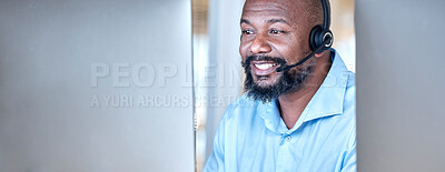 Buy stock photo Call center, black man and communication at computer for customer service, CRM and contact us on mockup space. Banner, face and happy male agent at desktop pc for telemarketing, consulting or support