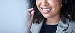 Call center, woman and mouth talking for communication, customer service and CRM at computer with mockup space. Closeup, face and happy agent with microphone for telemarketing, consulting and support