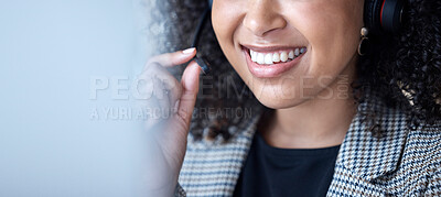 Buy stock photo Call center, woman and mouth talking for communication, customer service and CRM at computer with mockup space. Closeup, face and happy agent with microphone for telemarketing, consulting and support