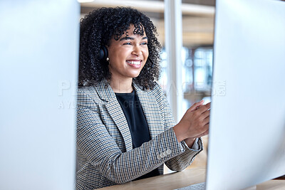 Buy stock photo Agent, woman and video call at computer in office for customer service, sales consulting and questions. Telemarketing, happy female consultant or communication at desktop for virtual telecom advisory