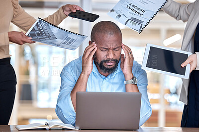 Buy stock photo Business man, overwhelmed and stress with busy hands, documents or tablet in modern office with chaos. African corporate leader, ceo or manager with stress, burnout or fatigue by laptop with headache