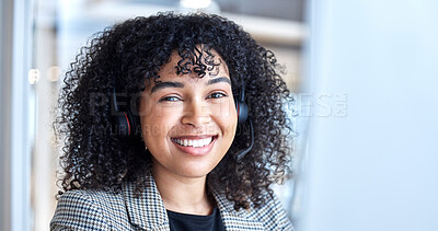 Buy stock photo Call center, woman and portrait of telemarketing agent at computer for customer service, web support and CRM. Face, smile and female consultant at desktop for sales consulting, telecom and contact us
