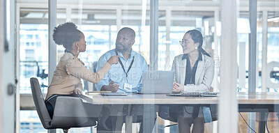 Buy stock photo Office, business and meeting with team for feedback, brainstorming or online performance review. Diversity, teamwork and schedule planning, man and women in discussion for project management agenda.