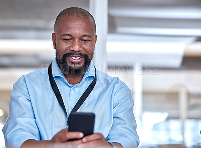Buy stock photo Search, phone and business with black man in office for networking, social media and communication. Creative, news and online with male employee in digital agency for app, connection and contact
