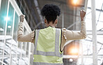 Woman, success or architect in celebration of deal for industrial property or real estate with hands up. Back view, winner or happy designer with goals, target or achievement for engineering growth