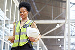 Black woman, blueprint or architect walking on construction site for project management or inspection. Engineering, thinking or designer with floor plan for architecture, development or innovation