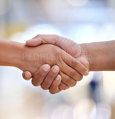 Buy stock photo Closeup, handshake and people meeting for introduction, HR agreement and support of b2b deal, partnership or welcome. Thank you, greeting and shaking hands for hello, networking and trust of success
