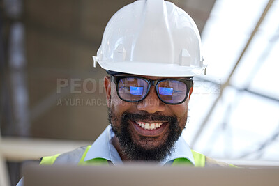 Buy stock photo Architecture, planning and laptop with black man on construction site for engineering, building and design. Technology, research and digital with face of contractor for project management and graphic