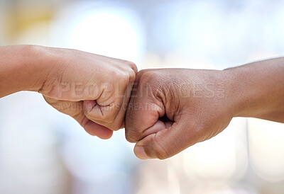 Buy stock photo Closeup, people and hands in fist bump of success, winning and power of teamwork, respect or pride. Friends, unity or emoji of collaboration, motivation and celebrate solidarity, trust or achievement
