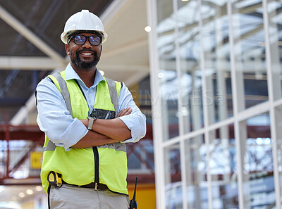 Buy stock photo Portrait, architect and black man with arms crossed, smile or happy for construction. African engineer, glasses and confident contractor, worker or professional from Nigeria with pride for career.
