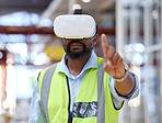 Logistics, warehouse and man in virtual reality headset for online checklist, inventory or online schedule. Future technology, person in vr glasses in factory and futuristic stock management system.
