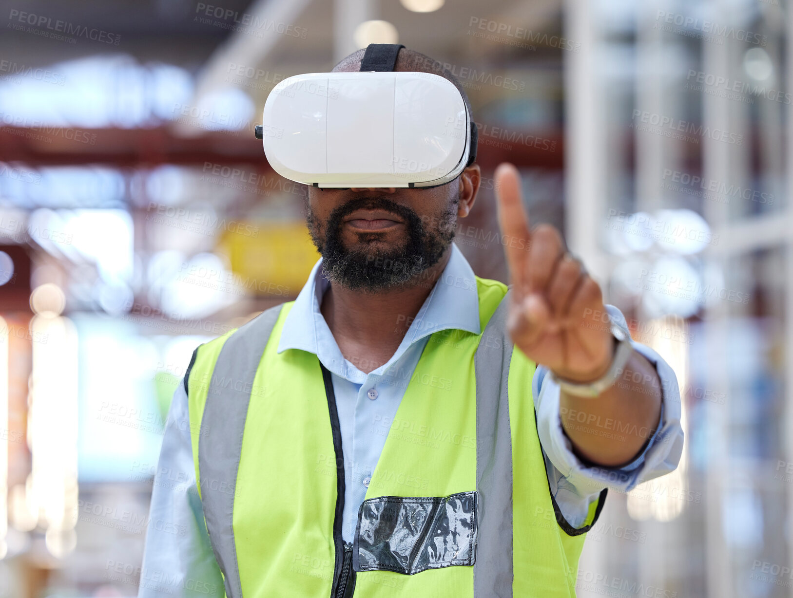 Buy stock photo Logistics, warehouse and man in virtual reality headset for online checklist, inventory or online schedule. Future technology, person in vr glasses in factory and futuristic stock management system.