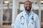 Doctor, portrait and smile with black man at hospital or lab coat with confidence or leader. Healthcare professional, happy and face with manager or positive mindset at clinic with vision or expert.