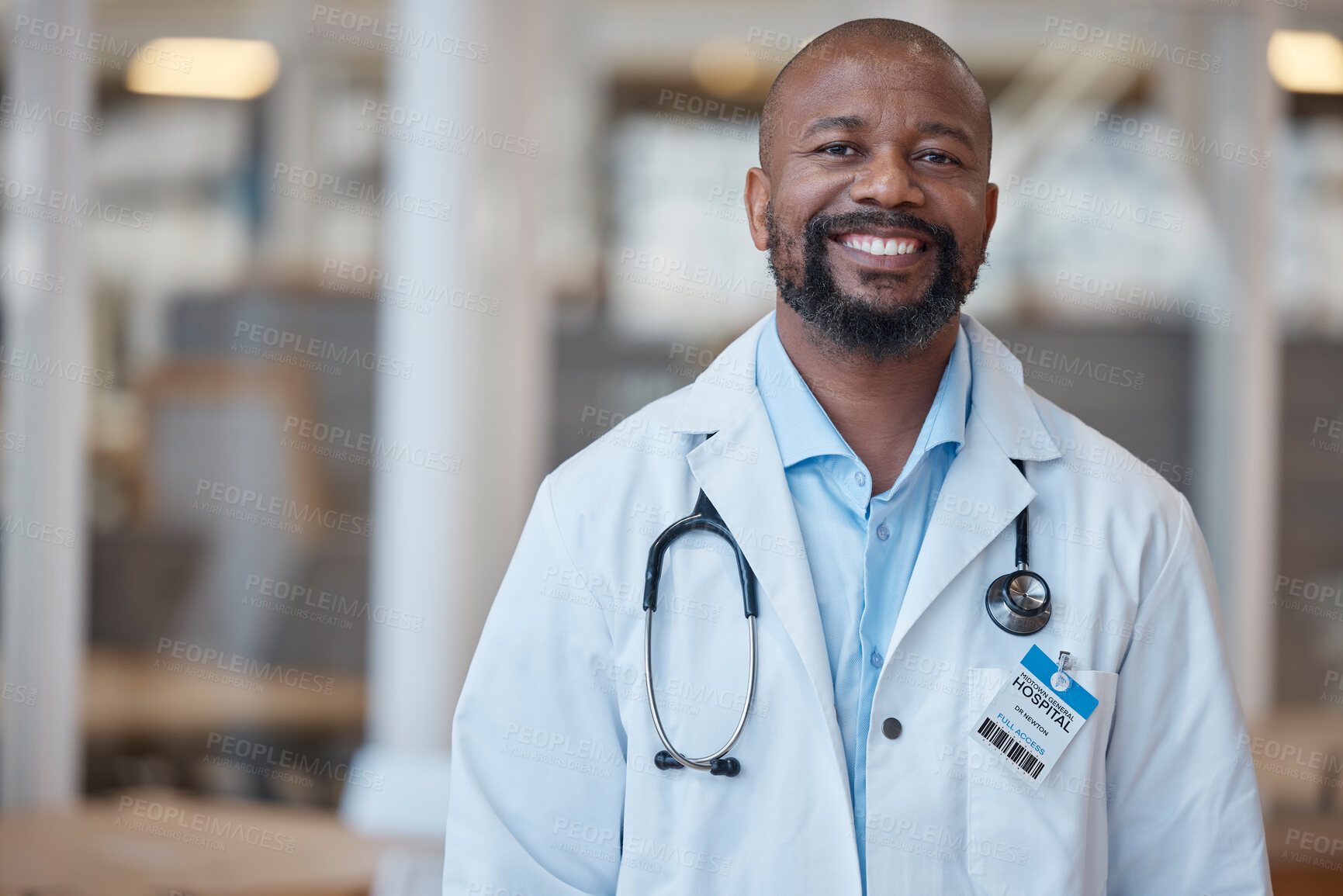 Buy stock photo Doctor, portrait and smile with black man at hospital or lab coat with confidence or leader. Healthcare professional, happy and face with manager or positive mindset at clinic with vision or expert.