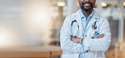 Buy stock photo Healthcare, professional and proud with black man at hospital with leader or vision for success. Surgeon, worker and doctor with service in medicine or cardiologist in management with lab coat.