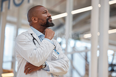 Buy stock photo Thinking, hospital doctor and black man planning medical project, healthcare inspiration or brainstorming clinic innovation. Medicine idea, surgeon plan and African person question cardiology service