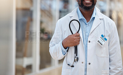 Buy stock photo Hospital, doctor and hands of black man with stethoscope for cardiology, consulting and medical service. Healthcare, clinic and closeup of male health worker with equipment for support, exam and help