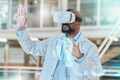 Buy stock photo VR, futuristic and black man doctor working on a hologram with DNA, anatomy and overlay in a lab or holiday. Future, healthcare and professional use virtual reality to analyze medical data on screen