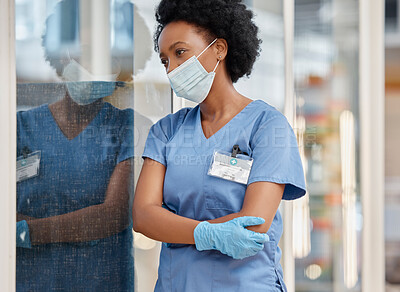 Buy stock photo Surgeon mental health, depressed black woman or thinking about surgery fail, hospital accident or clinic crisis. Covid, problem or African female doctor sad with medical mistake, stress or healthcare