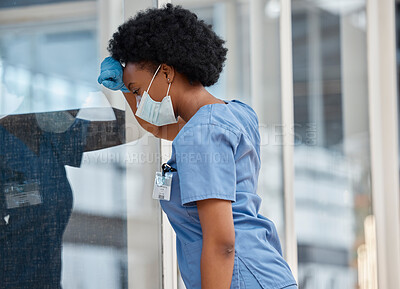 Buy stock photo Surgeon, mental health problem and black woman sad after surgery fail, hospital error or clinic crisis. Depression, burnout and African female doctor tired after medical mistake, stress or healthcare
