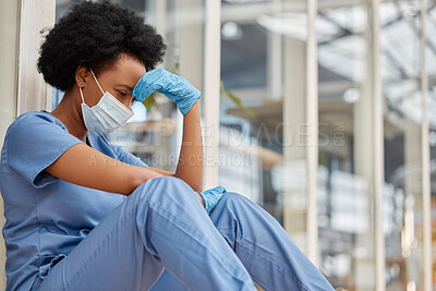 Buy stock photo Surgeon mental health, crying and black woman depressed about clinic news, hospital crisis or nurse mistake. Doctor, frustrated or African female nurse sad about healthcare risk, pain or sit on floor