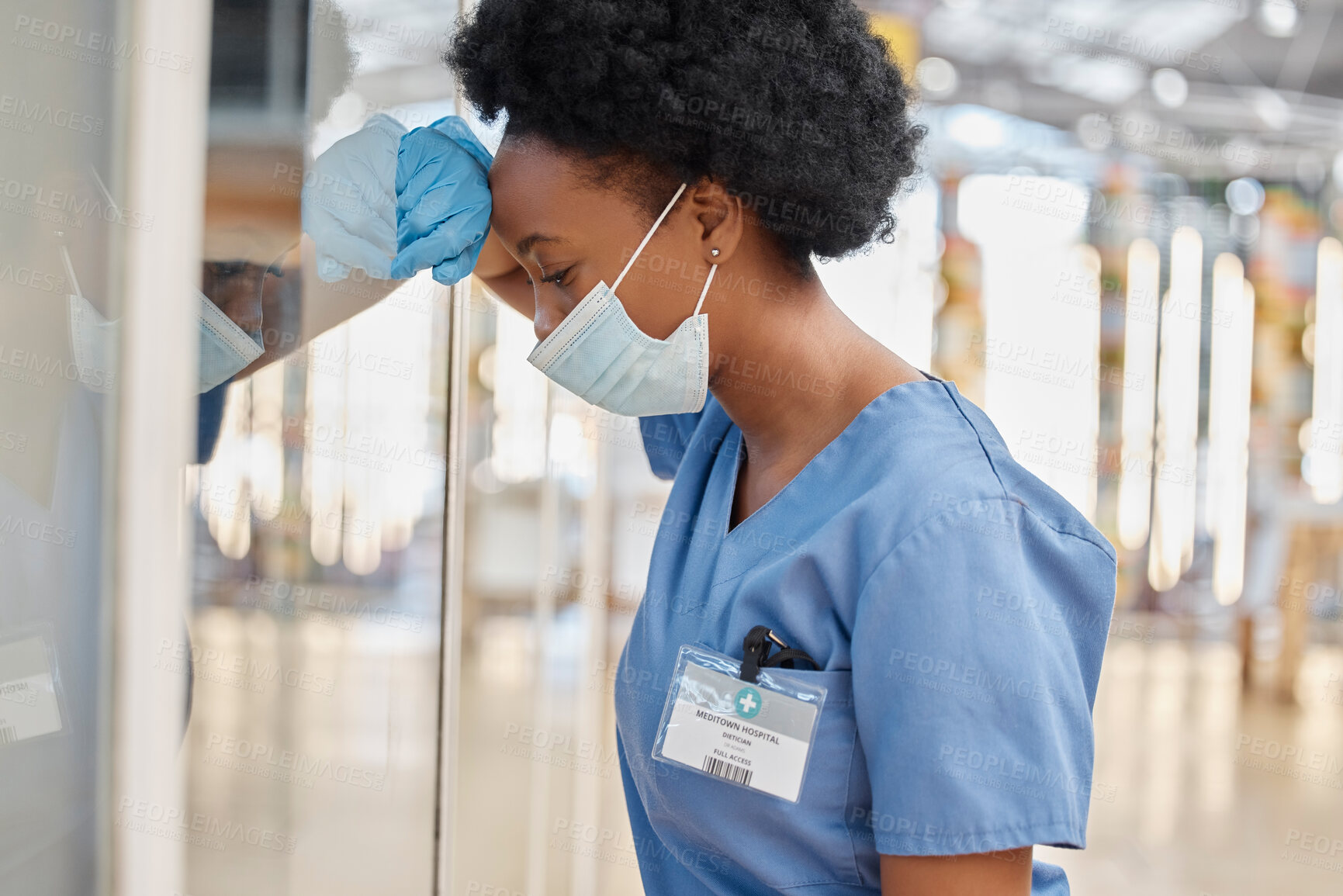 Buy stock photo Surgeon pain, depressed or black woman tired after medicine fail, hospital crisis or nurse mistake. Doctor, burnout or African female nurse overwhelmed with medical risk, anxiety or leaning on window