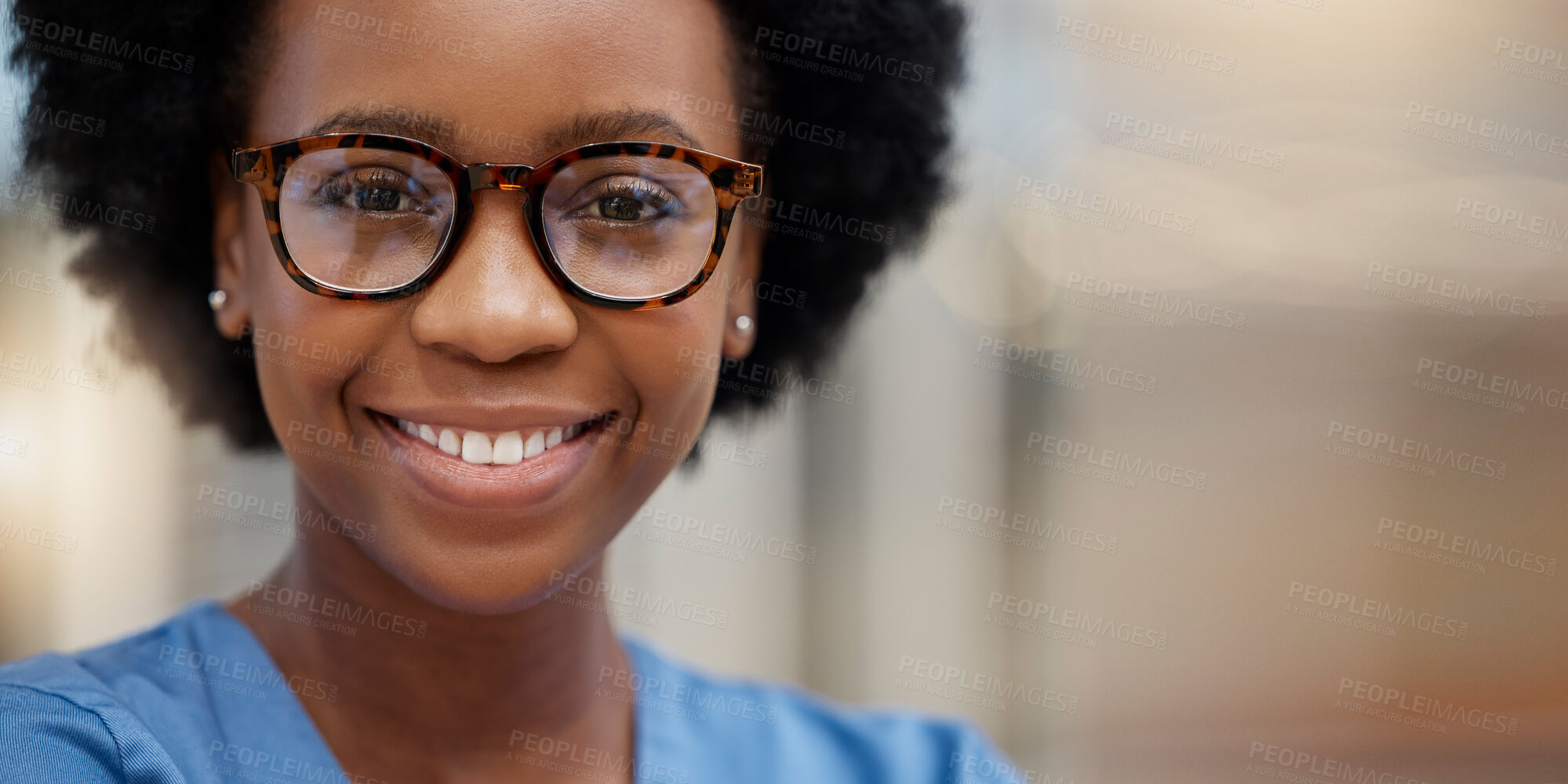 Buy stock photo Nurse, smile and portrait of black woman in hospital for medical, space and expert. Medicine, healthcare and nursing with face of person in clinic for wellness, life insurance and surgery mockup
