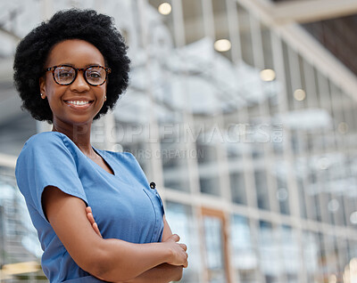 Buy stock photo Nurse, arms crossed and portrait of black woman in hospital for medical, support and expert. Medicine, healthcare and nursing with female person in clinic for wellness, life insurance and surgery