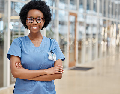 Buy stock photo Nurse, portrait and black woman with arms crossed, happy or smile in hospital. African medical professional, confidence and face of surgeon from Nigeria with glasses for healthcare service in clinic.