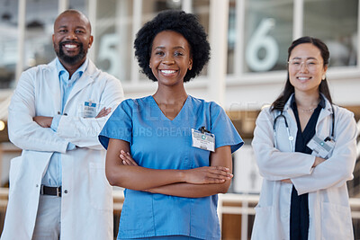 Buy stock photo Happy black woman, portrait and team of doctors in healthcare, hospital management or trust. Diversity group, medical employees and smile with arms crossed in collaboration, clinic or surgery support