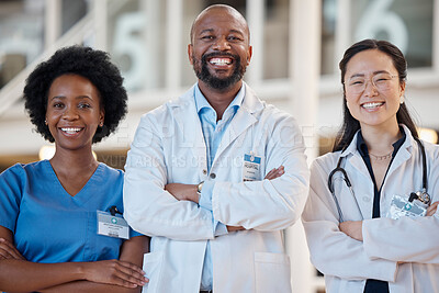 Buy stock photo Portrait, smile and medical team of doctors with arms crossed in hospital, support and clinic services. Diversity, group and happy healthcare employees with trust for surgery collaboration together