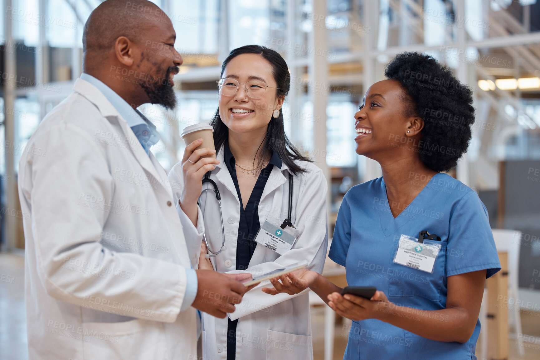 Buy stock photo Women, black man and doctors in a meeting, planning and discussion with happiness, hospital and teamwork. Male person, staff and medical professional with conversation, healthcare and collaboration