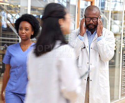 Buy stock photo Doctor headache, mental health problem or black man frustrated with service fail, hospital accident or crisis. Depressed, migraine or African person burnout from medical mistake, stress or healthcare
