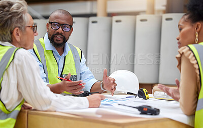 Buy stock photo Construction meeting, planning and engineering people with blueprint teamwork, collaboration and ideas or questions. Project management, floor plan and manager, woman or group talking of architecture