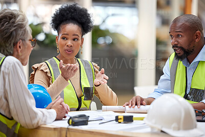 Buy stock photo Office meeting, planning and engineering people in teamwork, collaboration and ideas for blueprint design. Project management, floor plan questions and manager, woman or group talking of architecture