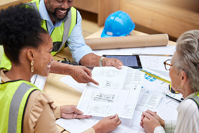 Buy stock photo Blueprint, meeting or happy civil engineering team planning a building or construction architecture. Teamwork, collaboration or group of designers talking or speaking of floor plan idea in discussion