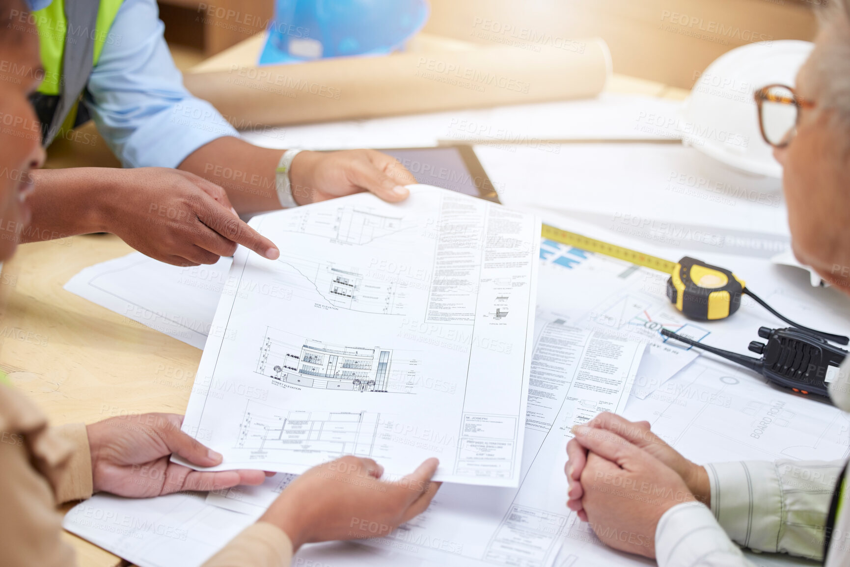 Buy stock photo Floor plan, meeting or hands of civil engineering team planning a building or construction architecture. Teamwork, collaboration or group of designers talking or speaking of blueprint ideas