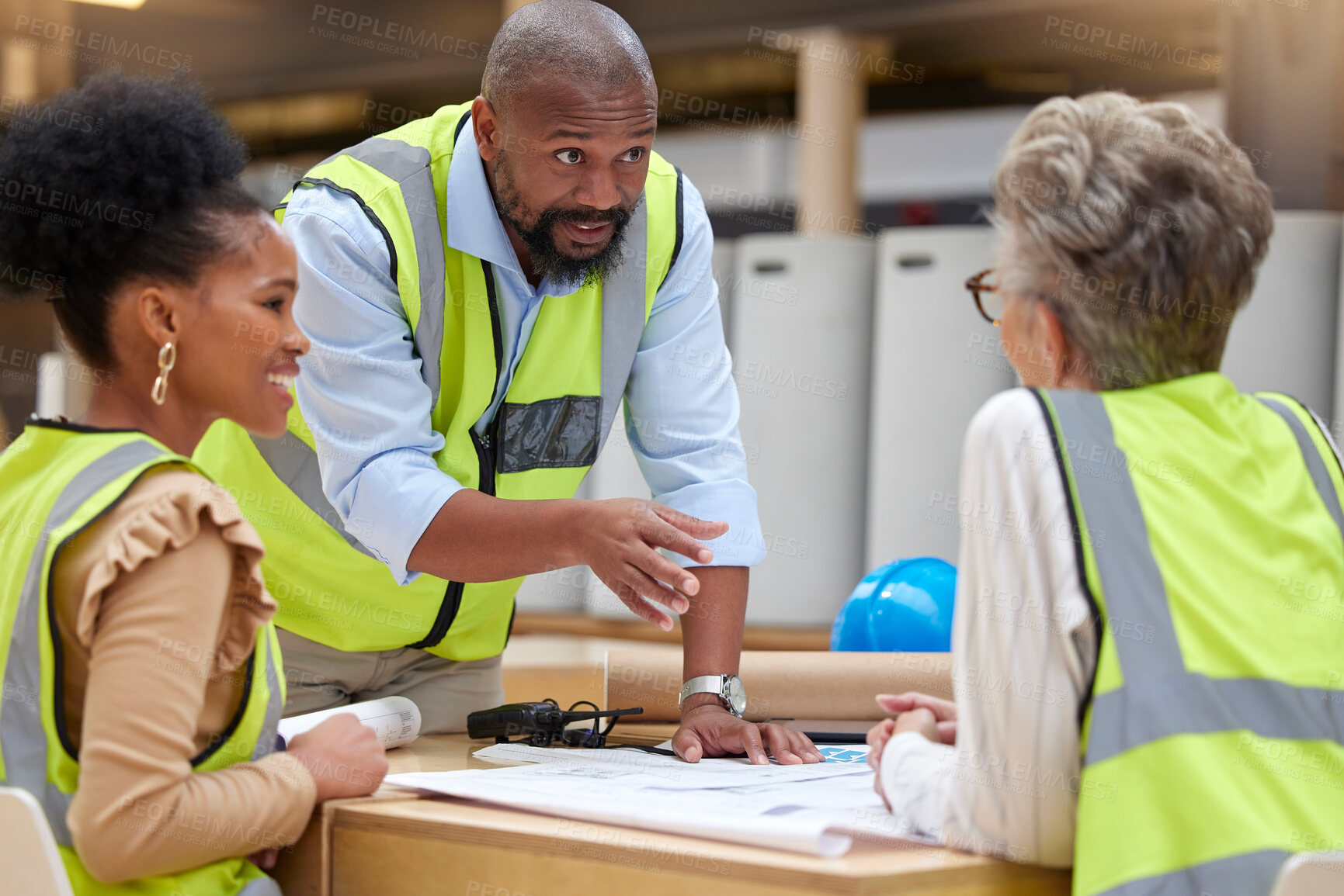 Buy stock photo Manager, meeting or civil engineering team planning a building or construction architecture. Teamwork, leadership or designers talking or speaking of floor plan idea in discussion or collaboration