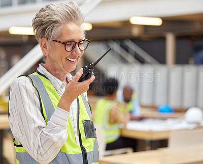 Buy stock photo Walkie talkie, senior woman and happy architect talking for communication, construction or command. Radio, elderly engineer and manager planning industrial project management for building maintenance