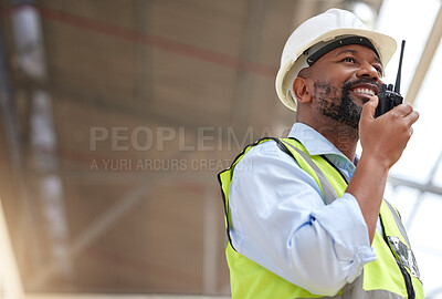 Buy stock photo Radio, black man and engineer planning, communication and construction. African architect, walkie talkie and happy contractor with industrial project, building maintenance and engineering discussion.