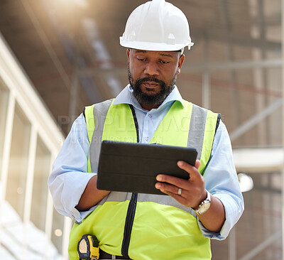 Buy stock photo Tablet, engineering man and construction worker for online project management, building progress and floor plan. African person in architecture design on digital tech, renovation or industry software